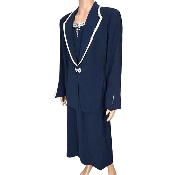 Beu Marc Womens 22 Navy Blue 2 Piece Skirt Suit Rhinestone Beaded Blazer Jacket‎ - Picture 8 of 15